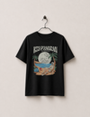 Permanent Vacation tee by Mojo Circus, flat view of the heavyweight cotton t-shirt