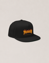 Phangan Paradise cap by Mojo Circus, three-quarter view from the right, showing the flames graphic on the front panel.