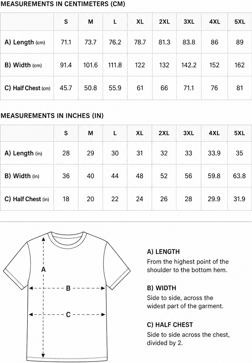Size chart for Mojo Circus t-shirts, chest and length measurements in centimetres
